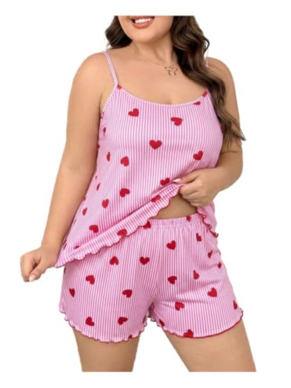 Plus Size Heart Print Striped Pajama Set Sleeveless Cami Top and Shorts